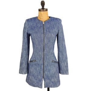 ZARA BASICS Collarless Full Zip Suit Blazer US S Blue Tweed Business Attire B50